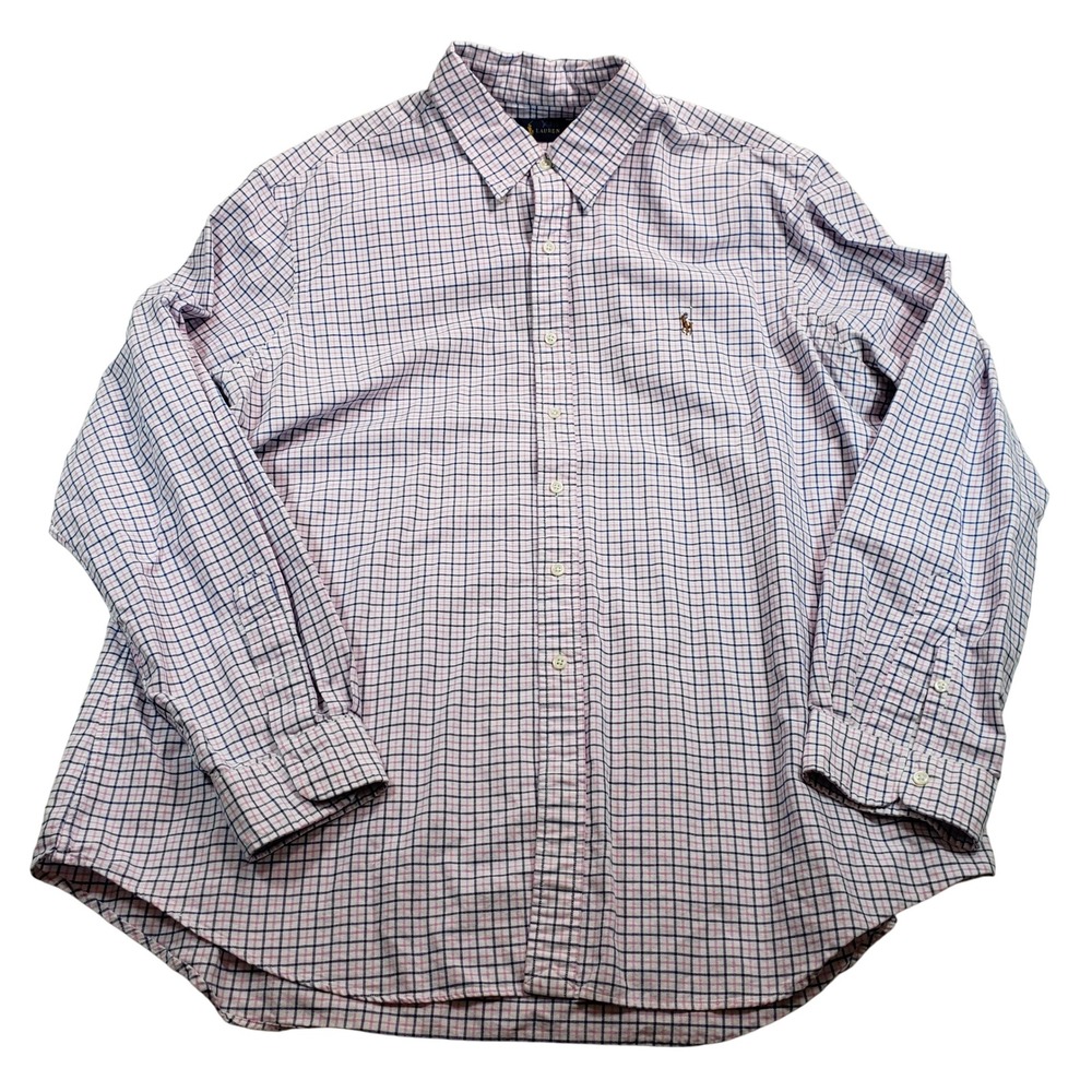 Ralph Lauren Mens XXL Button Down Shirt Pink Blue Plaid Long Sleeve 100% Cotton